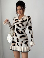 Robe Mini en Maille Imprimé Léopard pour Femme, Col Revers, Manches Longues, Coupe Ajustée, Ourlet Volanté, Personnalisable OEM ODM, Vente en Gros Usine