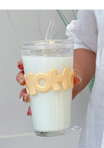 Hot Sale 450ml Glas becher mit Stroh Kaffeetasse Brief hülle Glas Wasser Milch Saft Tee Kaffeetassen - Product Image 6