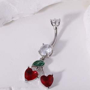 CRYSPURE 14g Piercing de nombril en acier inoxydable rouge style punk pour femme, avec pendentif cœur, cerise, rose et zircon, vente en gros OEM - Product Image 3