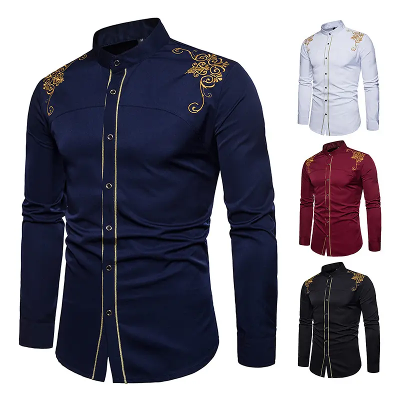 Wholesale Labels Muslim Tops Shirt Custom Men Fashion Embroidery Blouse Tops Casual Shirt Long Sleeve Formal