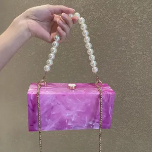 New Fashion Wholesale Custom Texture Women'S Pearl Chain Handbag Watercolor Acrylic Evening Bag For Women 2024