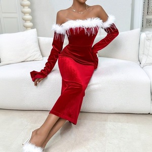 Women Red Velvet Off the Shoulder <strong>White</strong> <strong>Fur</strong> Trim Long Sleeve Bodycon Midi Christmas <strong>Dress</strong> - Product Image 1