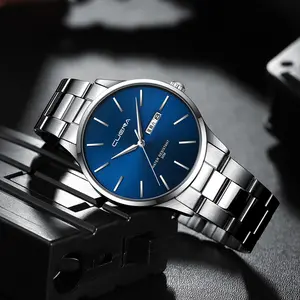 2023 Luxo impermeável aço inoxidável banda azul cor semana dia pulso homens masculino quartzo relógio
