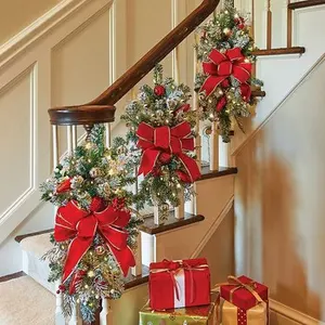 Hanging Stairs Garland Cordless Prelit Stairway Swag Trim Lights Up Christmas Stair Decoration LED Wreath Door Hanging Ornament