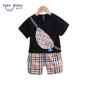 Hao Baby Boys Summer Clothes Casual Printing T-Shirt Plaid Pants Kids Foreign Trade Short-Sleeved Two-Piece Set