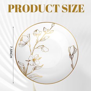 <span class=keywords><strong>100</strong></span> pièces <span class=keywords><strong>de</strong></span> vaisselle jetable en <span class=keywords><strong>plastique</strong></span> blanc et or <span class=keywords><strong>de</strong></span> 7,5 pouces, <span class=keywords><strong>assiettes</strong></span> avec bordure dorée, motif floral, sans BPA - Product Image 3