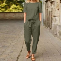 Ensemble rétro en coton et lin pour femmes, manches courtes, col rond, uni, ample, haut à manches courtes, pantalon large à taille haute, deux pièces