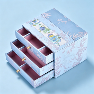 Boîte à bijoux ronde multicouche en carton rigide, motif floral en soie bleue de luxe, brodée, pour cadeau - Product Image 5