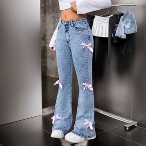 Pantalons en denim de coton lavé à taille haute avec nœud pour adolescentes - Product Image 4
