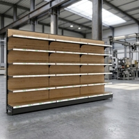 6-laags houten gondola-displayrek met verstelbaar metalen frame, wandmontage, geschikt voor supermarkt en supermarkt.