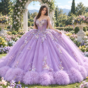 Xs326 Modern Romantic Sweetheart 3D Butterfly Floral Appliques Tiered Cloud Ruffle Lilac <b>Ball</b> <b>Gown</b> Quinceanera Dress for - Product Image 1