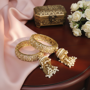 Premium Austrian Stone & Pearl Statement Bangles <b>Set</b> 2.4" Elegant Designer Bridal Jewelry Collection - Product Image 3