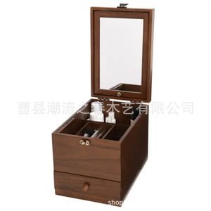 Cross-border wooden cosmetic storage box with drawers, <b>foldable</b> <b>mirror</b>, and dustproof dividers. - Product Image 4