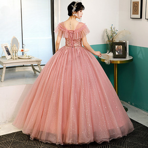 Women Tulle Ball Gown Red Bean Paste Color 3D Floral Embellished Stage Performance Dress Long Evening Gown Adult Size - Product Image 4