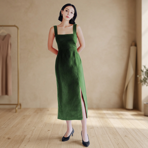 Robe midi élégante et décontractée pour femme, grande taille, à manches cloche, col en V, taille haute, coupe trapèze, avec poches latérales, en lin biologique respirant, pour printemps-été - Product Image 3