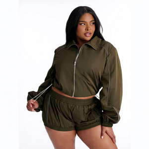 Ensemble coupe-vent colorblock pour femmes, sweat à capuche et short, vêtements de sport légers à fermeture éclair, survêtement 2 pièces, décontracté, pour la course à pied, la gym, le fitness - Product Image 1