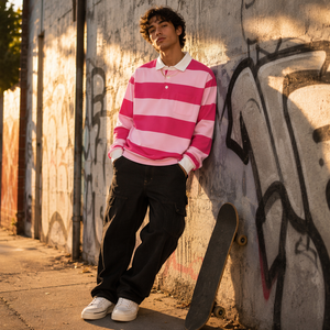 Camiseta Polo de Rugby de Manga Larga para Hombre, Talla Grande, con Rayas Horizontales Intensas, Color Rosa, Algodón, Estilo Casual Urbano, OEM Personalizado - Product Image 5