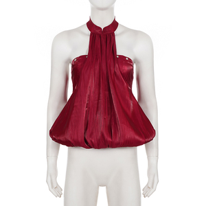 Top retro sexy sin mangas con cuello halter, lazo, bolsillo y dobladillo burbuja, estilo vacaciones - Product Image 6