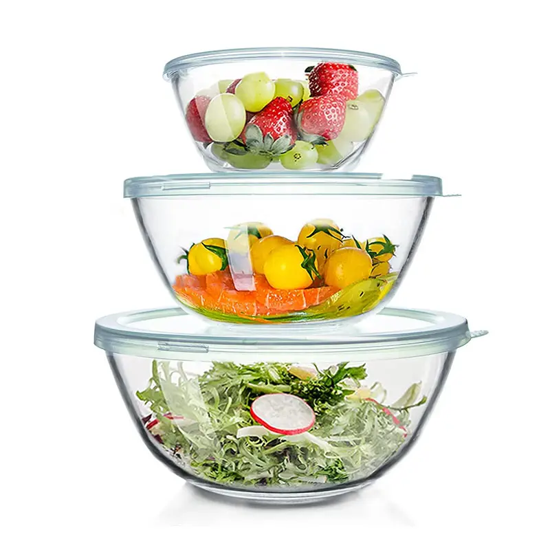 도매 홈 주방 내열성 높은 붕규산 유리 샐러드 그릇 대량 뚜껑이있는 투명 유리 혼합 그릇