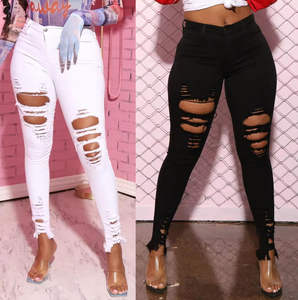 กางเกงยีนส์ทรงสลิมฟิต ผ้ายีนส์ยืดสูง <span class=keywords><strong>ขาด</strong></span>รุ่ย ดีไซน์รัดรูป - Product Image 2