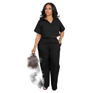 เซ็ตกางเกงสองชิ้นกางเกงขายาวเสื้อครอปคอวีแขนสั้นสำหรับผู้หญิงสำหรับฤดูใบไม้ร่วง - Product Image 5