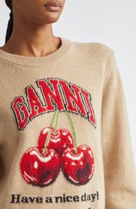 Patrón de logotipo personalizado y punto de letras moda Otoño mezcla de algodón suéter manga larga Mujer cuello redondo cereza pulóver - Product Image 2