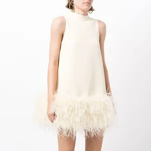高品质鸵鸟短裙2022夏季小众设计半高领无袖纯色直筒连衣裙