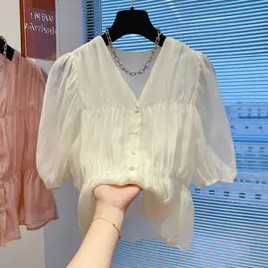 Wholesale 2022 Summer New Style Covering Belly Foreign Style Pleated Puff Sleeve V-Neck Chiffon Short Sleeve Women's Blouse