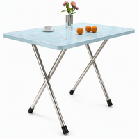 Table à manger rectangulaire pliante bleu clair à motifs floraux, avec pieds en acier inoxydable en forme de X, plateau imperméable