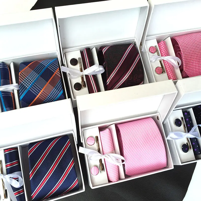 Custom Design Square Necktie Handkerchief Set For Gift Box Polyester Ties Clip Formal Business Ties For Men