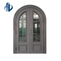 Porte d'entrée double classique en fer forgé cintrée avec verre trempé à grille, portail de sécurité métallique antirouille, porte d'entrée en aluminium sur mesure