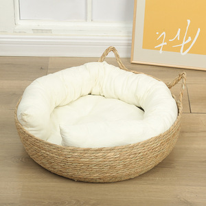 Handmade Woven Rattan Cat Bed Round With Cushion For Cat All Season Cooling Pet Bed - Product Image 5