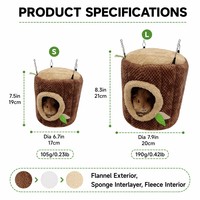 Nid cachette en forme de souche d'arbre pour petaugeuse et hamster - Lit suspendu en flanelle, éponge et polaire pour cage, toutes saisons, usage intérieur, 2 tailles