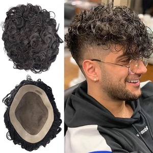 Prothèse capillaire tendance pour hommes, système de remplacement capillaire bouclé pour hommes afro-américains, unités capillaires afro en <span class=keywords><strong>cheveux</strong></span> humains indiens mono pour hommes - Product Image 1