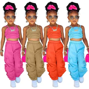 2023 RTS Casual Kids Outfit Conjunto de Roupas Infantis Colete Suspender Das Meninas E Calças Plissadas Conjunto de Calças Soltas Conjunto Empilhado Para Crianças