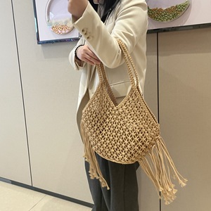 Sac fourre-tout en tissu de coton tissé style bohème rétro pour femme, grande capacité, tendance, décontracté, avec pompons <span class=keywords><strong>et</strong></span> découpes, idéal pour l'été - Product Image 4