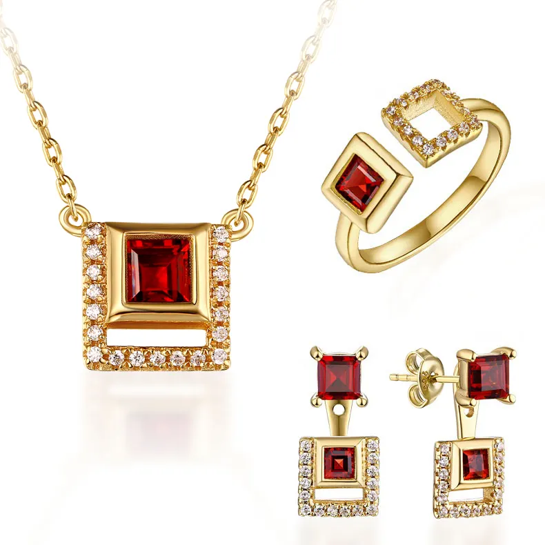 Grosir Set Perhiasan Batu Permata 14K Emas Dubai Emas, Perhiasan Perak Set Garnet Persegi