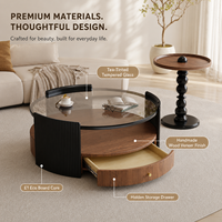 Table basse ronde moderne en bois à double plateau avec plateau en verre, facile à nettoyer et à ranger, idéale pour les salons et appartements.