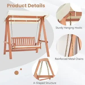 Balançoire pour 2 personnes avec auvent, balançoire en bois pour patio avec coussin amovible, chaînes de suspension en métal robustes, chaises d'extérieur - Product Image 4
