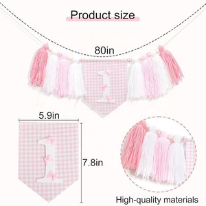 New Cute Pink Bow <b>Birthday</b> <b>Banner</b> for One Year Old Baby Checkered Design Christmas & <b>Birthday</b> Party High Chair Decoration - Product Image 4