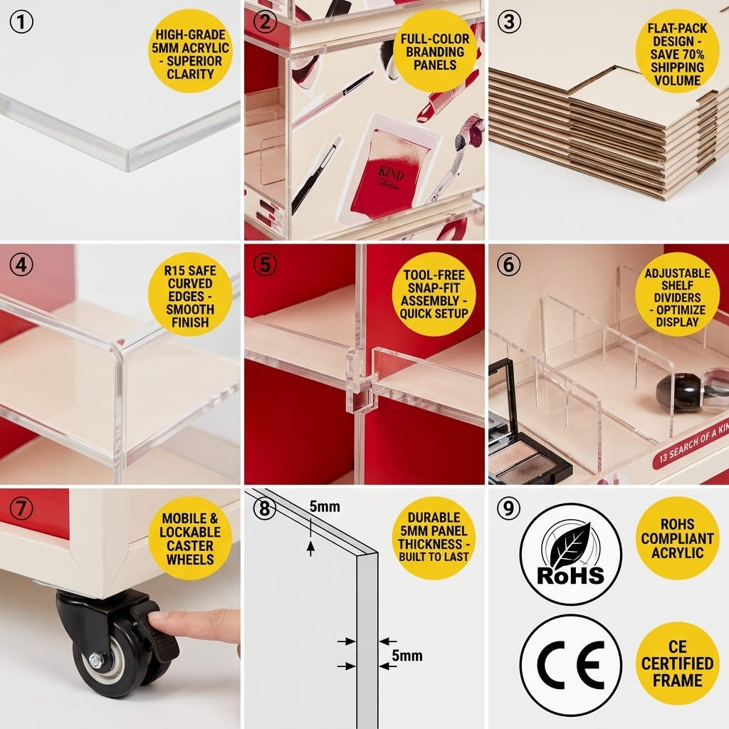 Wholesale Luxury Acrylic Cosmetic Display Stand Floor Stand Skincare Rack Professional Salon K-Beauty Mobile Merchandiser Tower — view 5