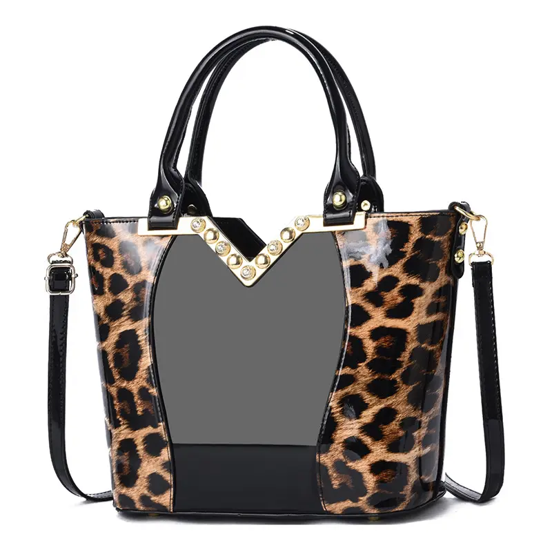 Bolsa de ombro em pu com patente forte, bolsa crossbody fashion feminina com leopardo brilhante