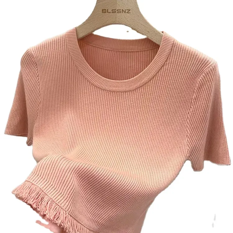 Fabrik High-End benutzer definierte Großhandel Sommer neue gestrickte Kurzarm Mode Fransen Saum exquisite Damen Strickwaren