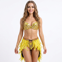 Jupe jaune à plumes pour femme avec ceinture décorée de strass colorés, taille ajustable à nouer, idéale pour le carnaval, la scène, la danse et les spectacles.