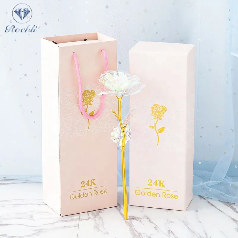 गर्म बिक्री गुलाबी उपहार बक्से कृत्रिम 24k सोना मढ़वाया गुलाब सोने की पन्नी फूल सेंट वेलेंटाइन उपहार इंद्रधनुष गैलेक्सी गुलाब