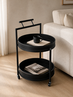 Chariot de service à deux niveaux en cuir noir, directement de l'usine, avec cadre en fer et roulettes, pour hôtel, salon, OEM ODM