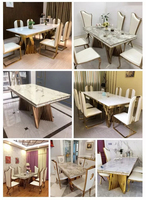 Grande table à manger rectangulaire en acier inoxydable, cadre moderne doré, haut en marbre, pour meuble de salle à manger, nouvelle collection
