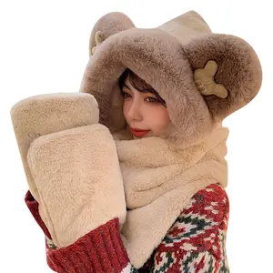 Hot selling bear hat scarf gloves women winter thickened warm Mickey ears imitation rabbit plush scarf