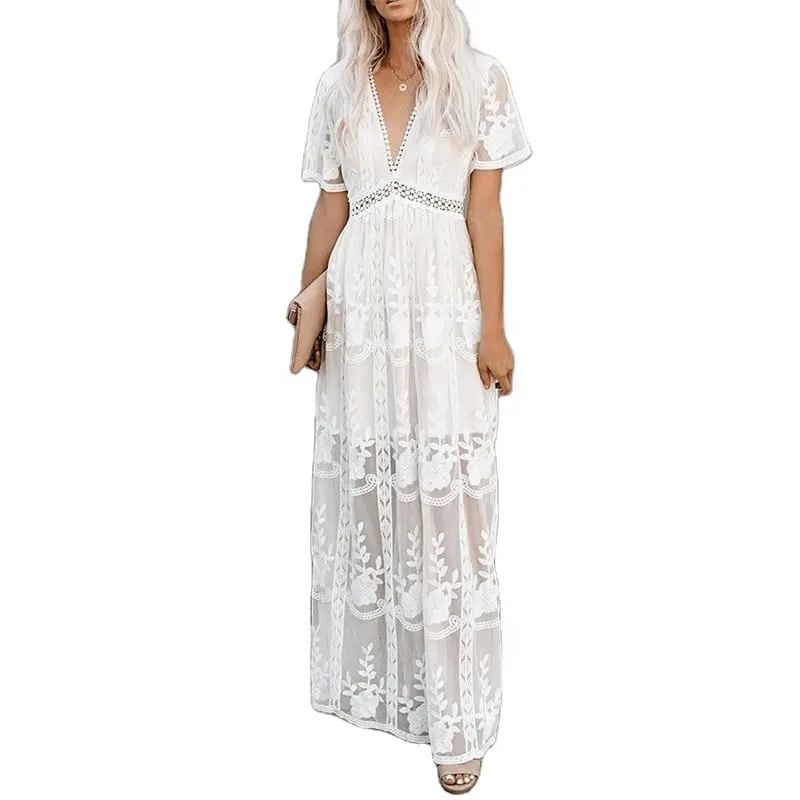 Summer New Women's Clothing Lace Dress Short-sleeve V-neck Hollow Out Beach Dress V-neck Embroidered White Maxi Dress