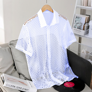 Camisa de <span class=keywords><strong>Hombre</strong></span> Moderna con Cuello y Diseño Calado, Manga Corta, Color Sólido, Transpirable, 100% Poliéster, Venta Directa de Fábrica - Product Image 1